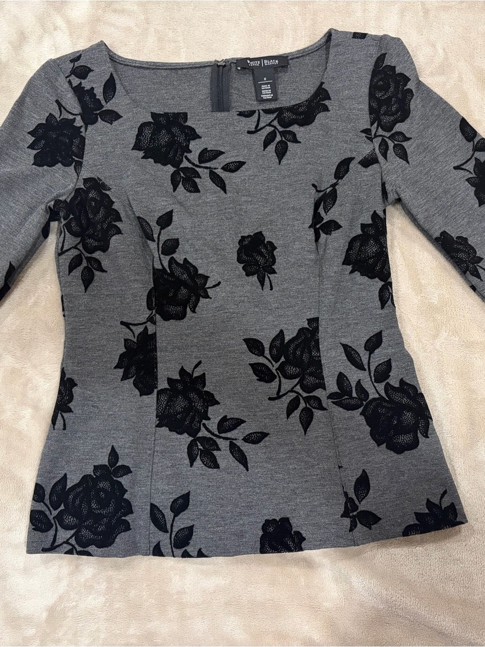 White House/Black Market Grey Ponte with black velvet roses 3/4 sleeve size 0